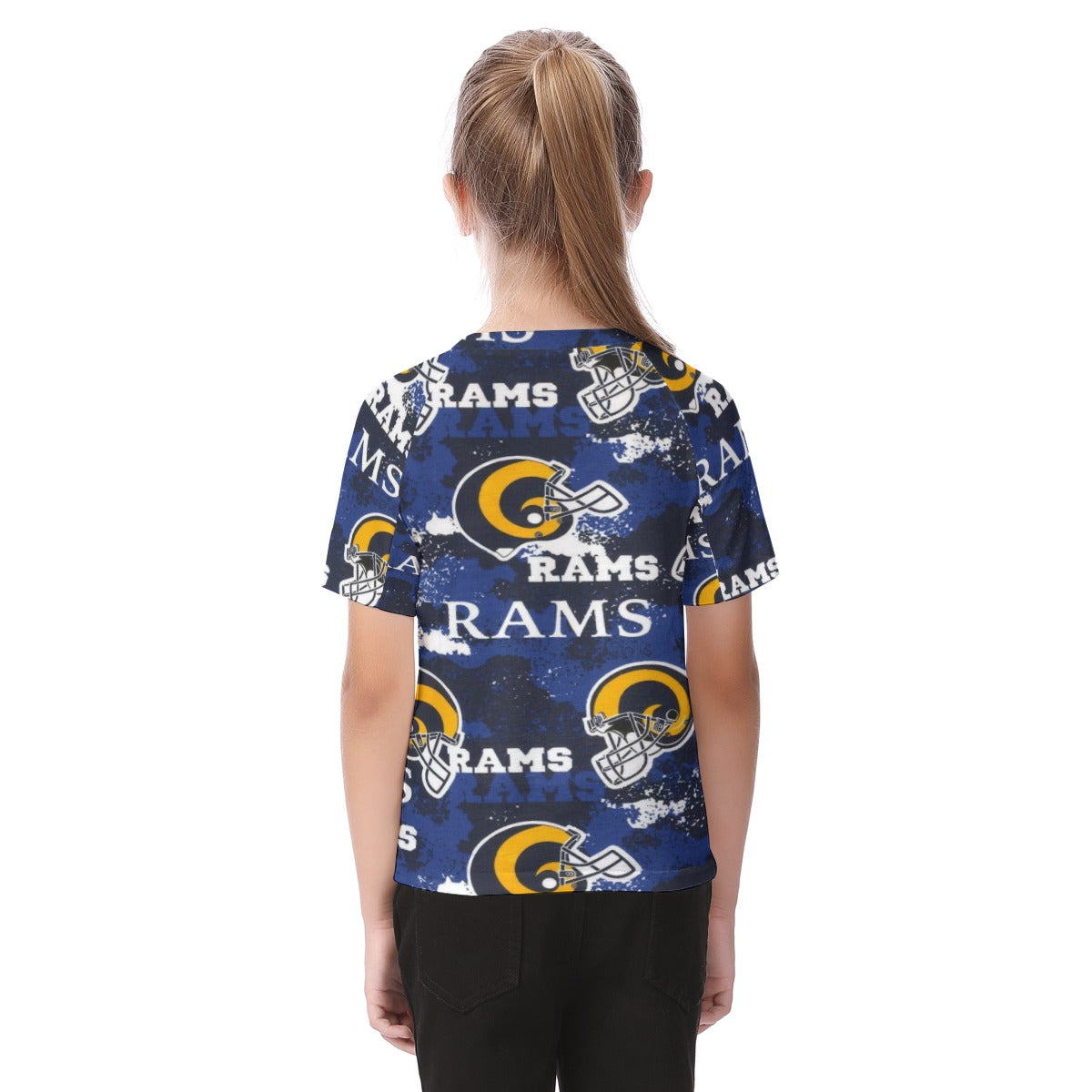 los-angeles-rams-kids-raglan-sleeve-t-shirt navy orange football outfit side view