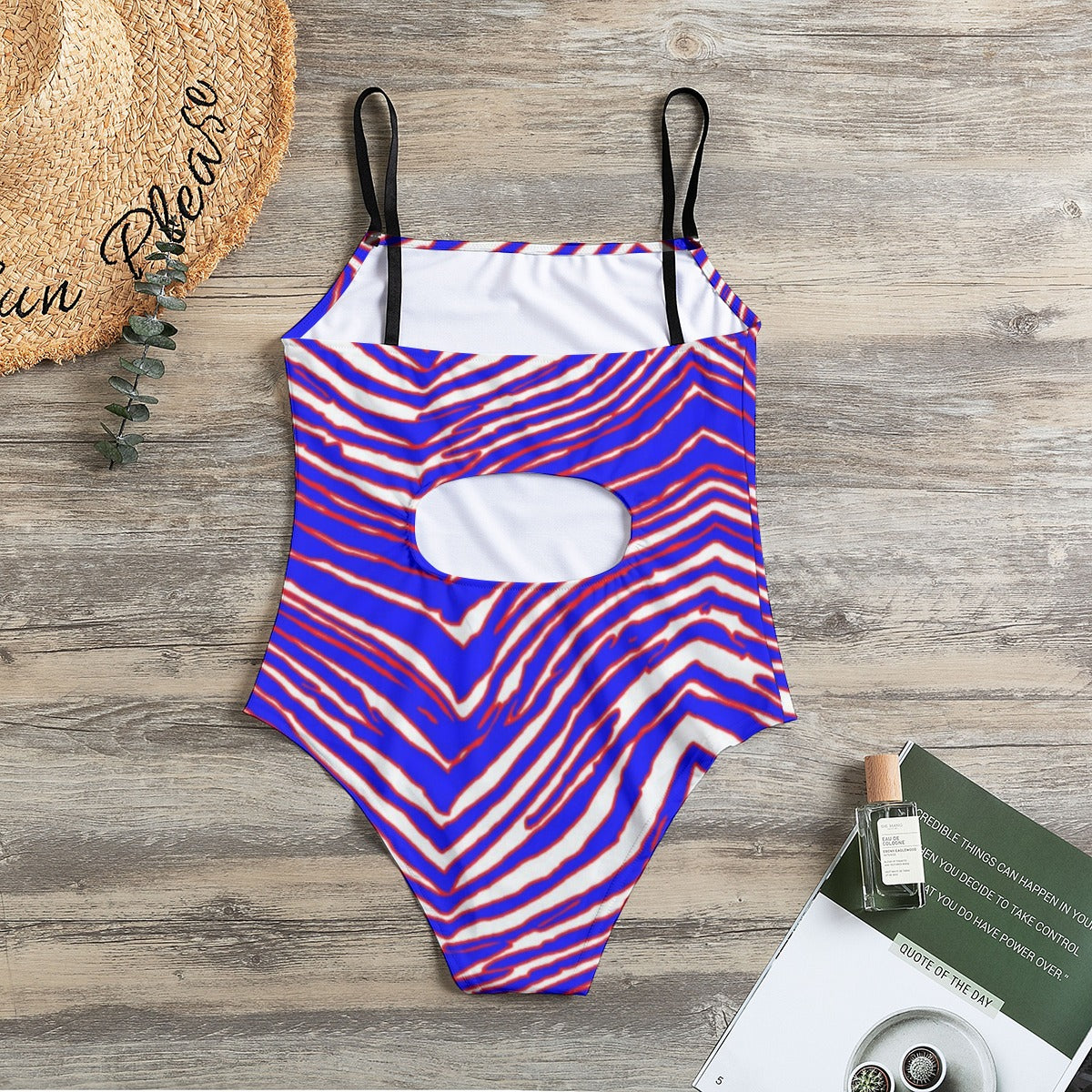 Dark Gray All-Over Print Women's Halter Strap Swimsuit – Red Blue White Zebra Game Day Style