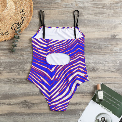 Dark Gray All-Over Print Women's Halter Strap Swimsuit – Red Blue White Zebra Game Day Style