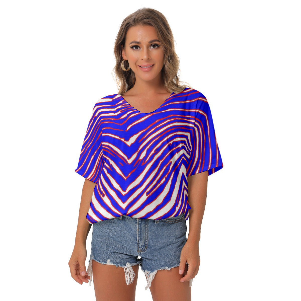 Buffalo Football Women's Bat Sleeves V-Neck Blouse – Chic Game Day Statement Top – casual fan outfit, game day outfit, image 1.0