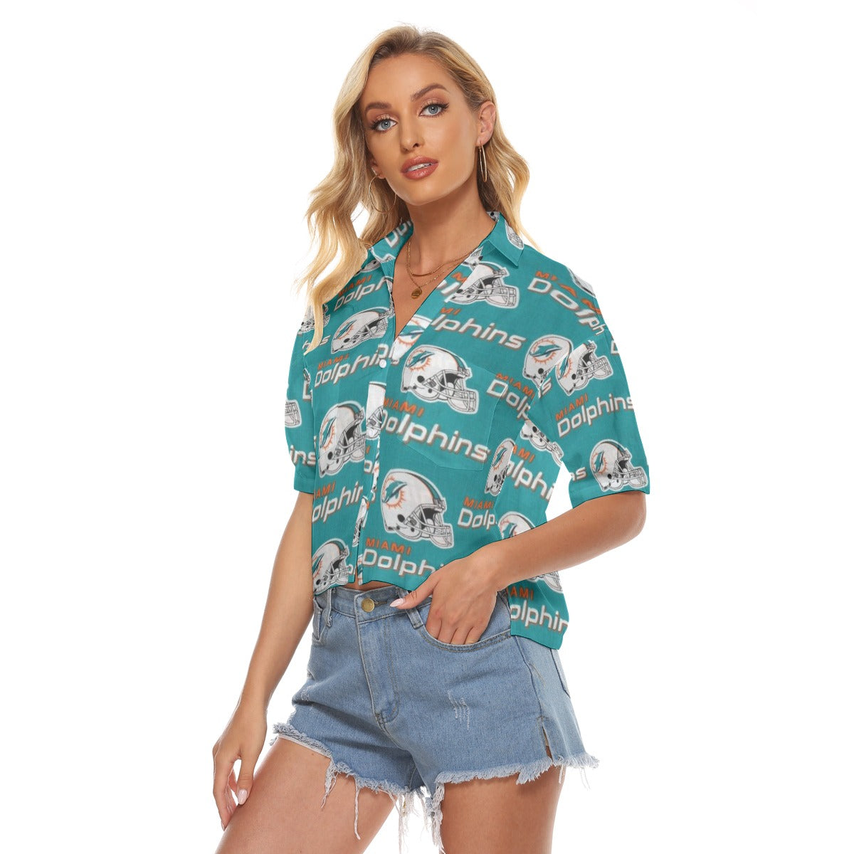 miami-dolphins-womens-v-neck-shirts aqua orange football outfit fabric close-up