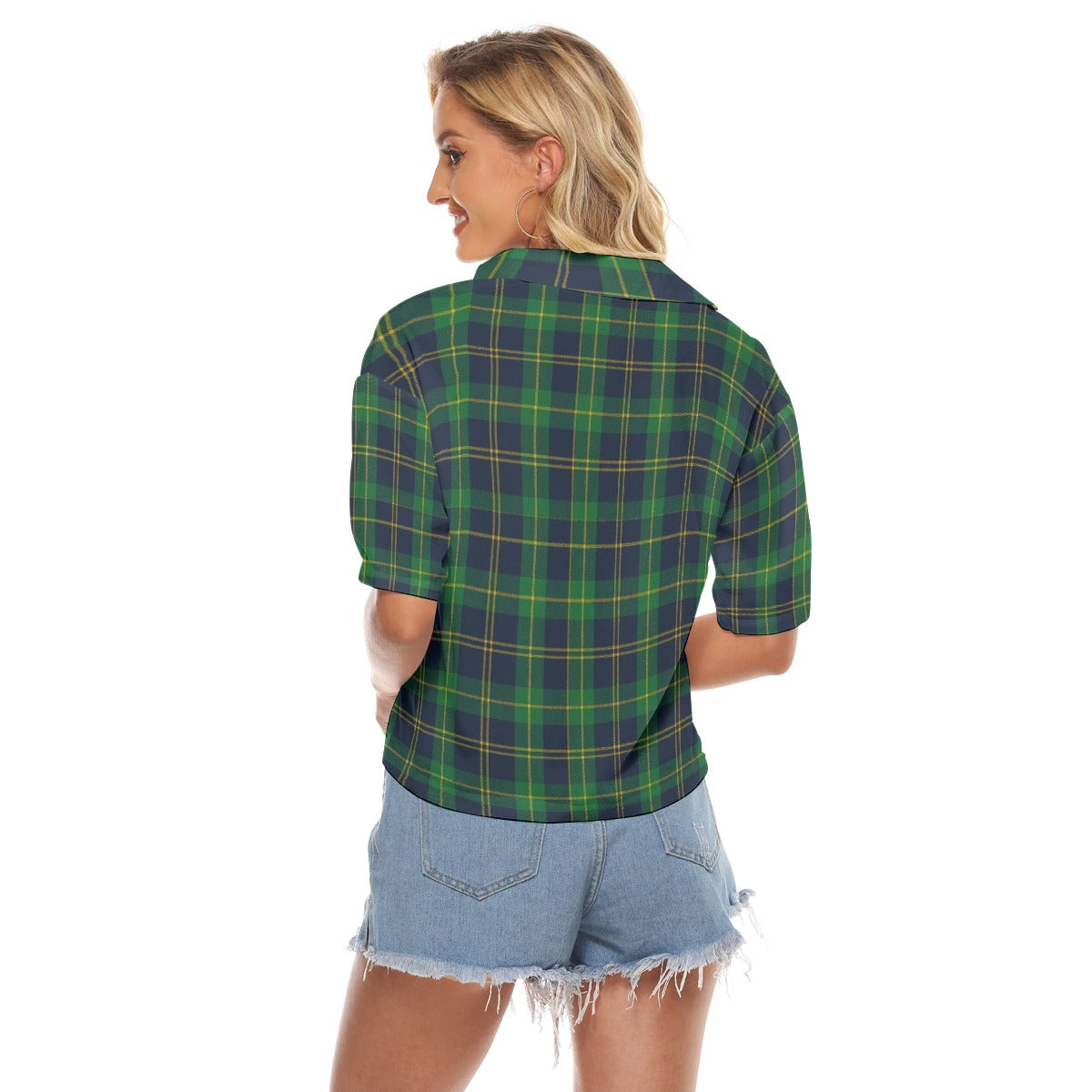 Notre Dame Fighting Irish Green Navy Gold Plaid Womens V Neck Shirts 6 green navy gold plaid women fashion apparel