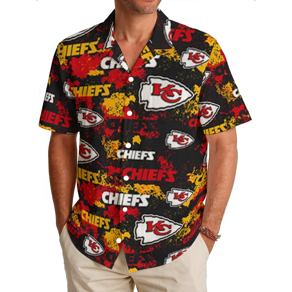 Kansas City Chiefs Men's Hawaiian Shirt|150GSM red gold football outfit image 1.0