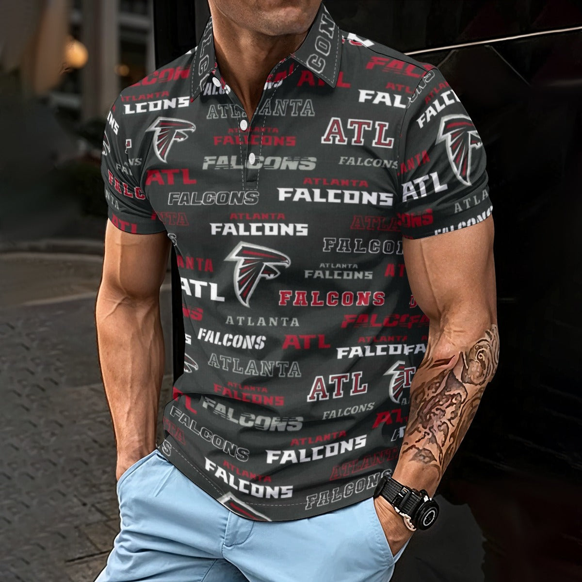 Atlanta Falcons Men's Polo Shirt red black football outfit back view