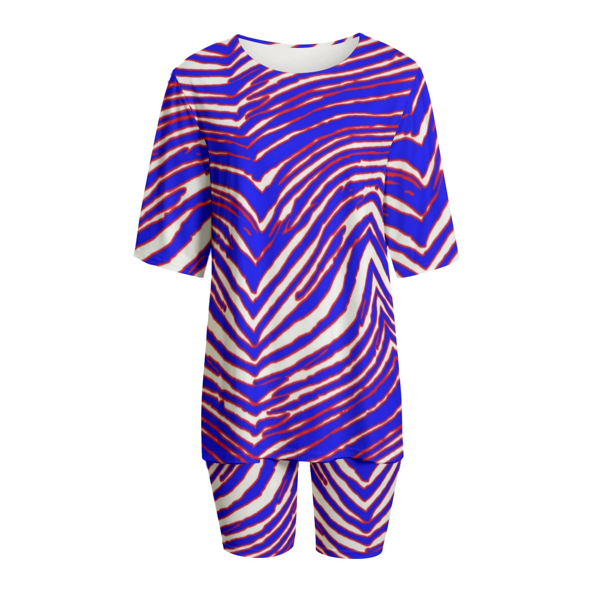 Blue and white zebra patterned outfit on a white background