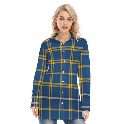 west virginia mountaineers tartan plaid blue gold women's long shirt blue gold tartan plaid mountaineers game day fashion