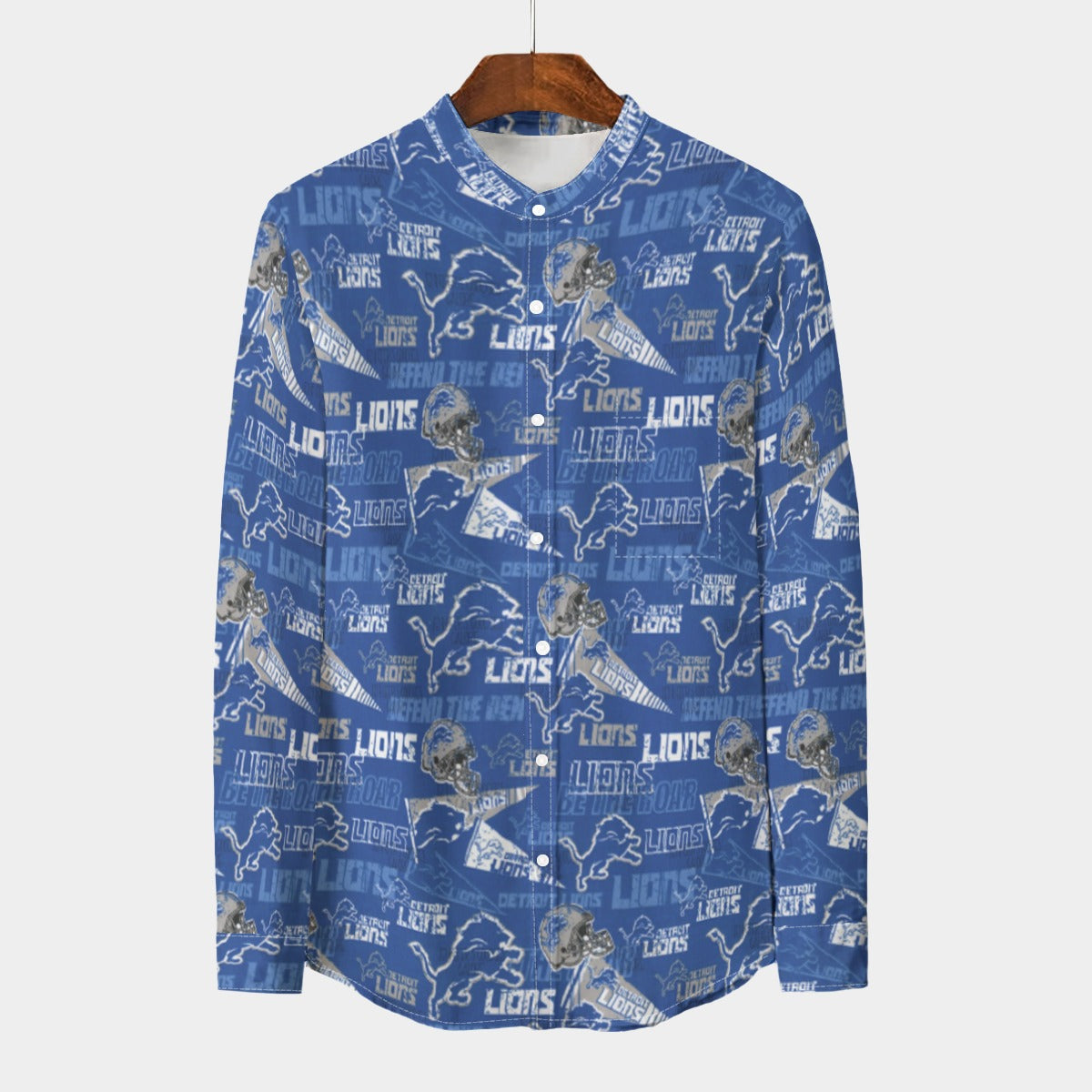Detroit Lions  Men's Stand Collar Shirt With Long Sleeve|110GSM Imitation Flax blue silver football back view game day look