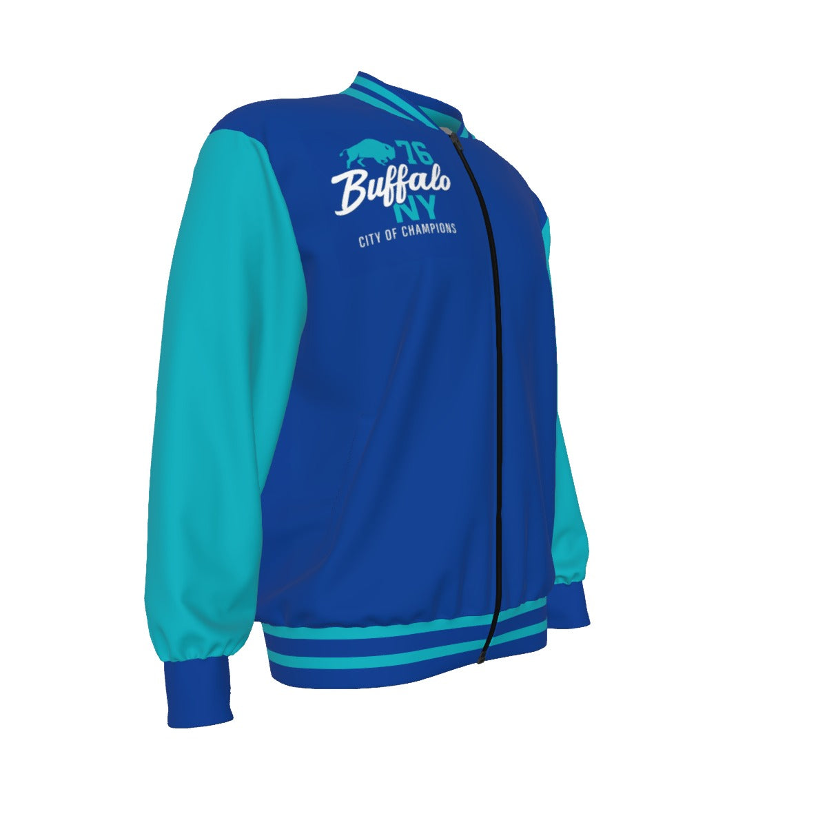 Blue and teal jacket with 'Buffalo NY' text on a white background