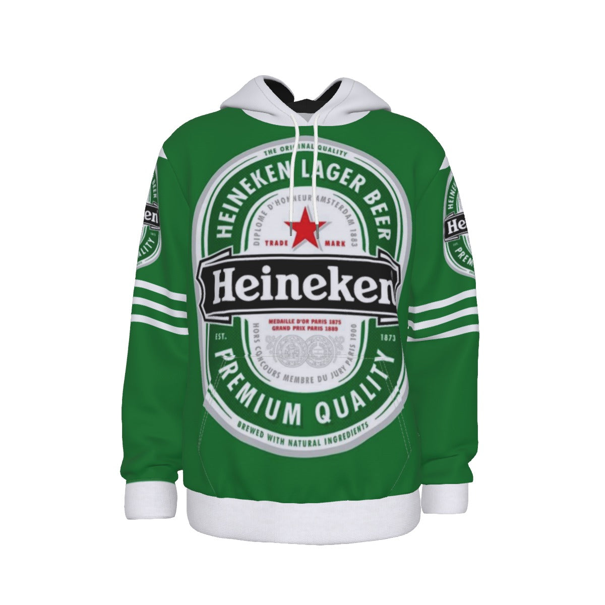 Green hoodie with Heineken branding on a white background