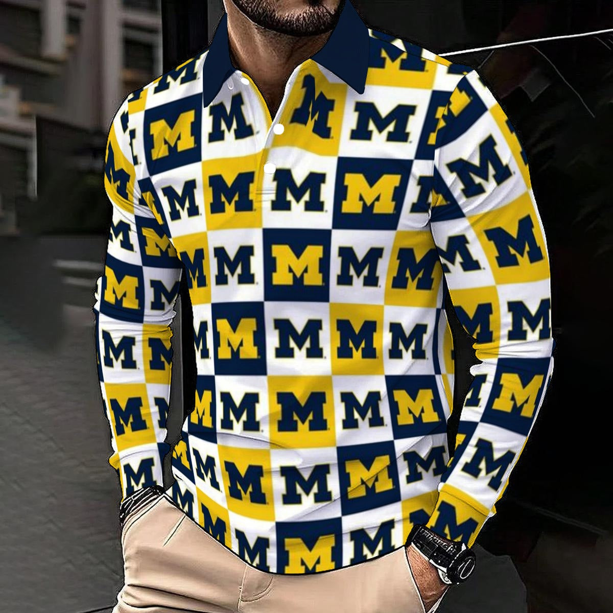 Michigan - Wolverines Men's Polo Shirt With Long Sleeve White varsity sports apparel