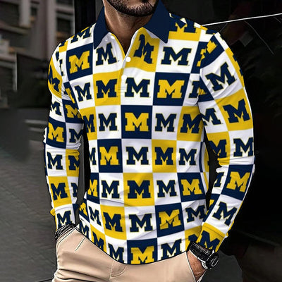 Michigan - Wolverines Men's Polo Shirt With Long Sleeve White varsity sports apparel