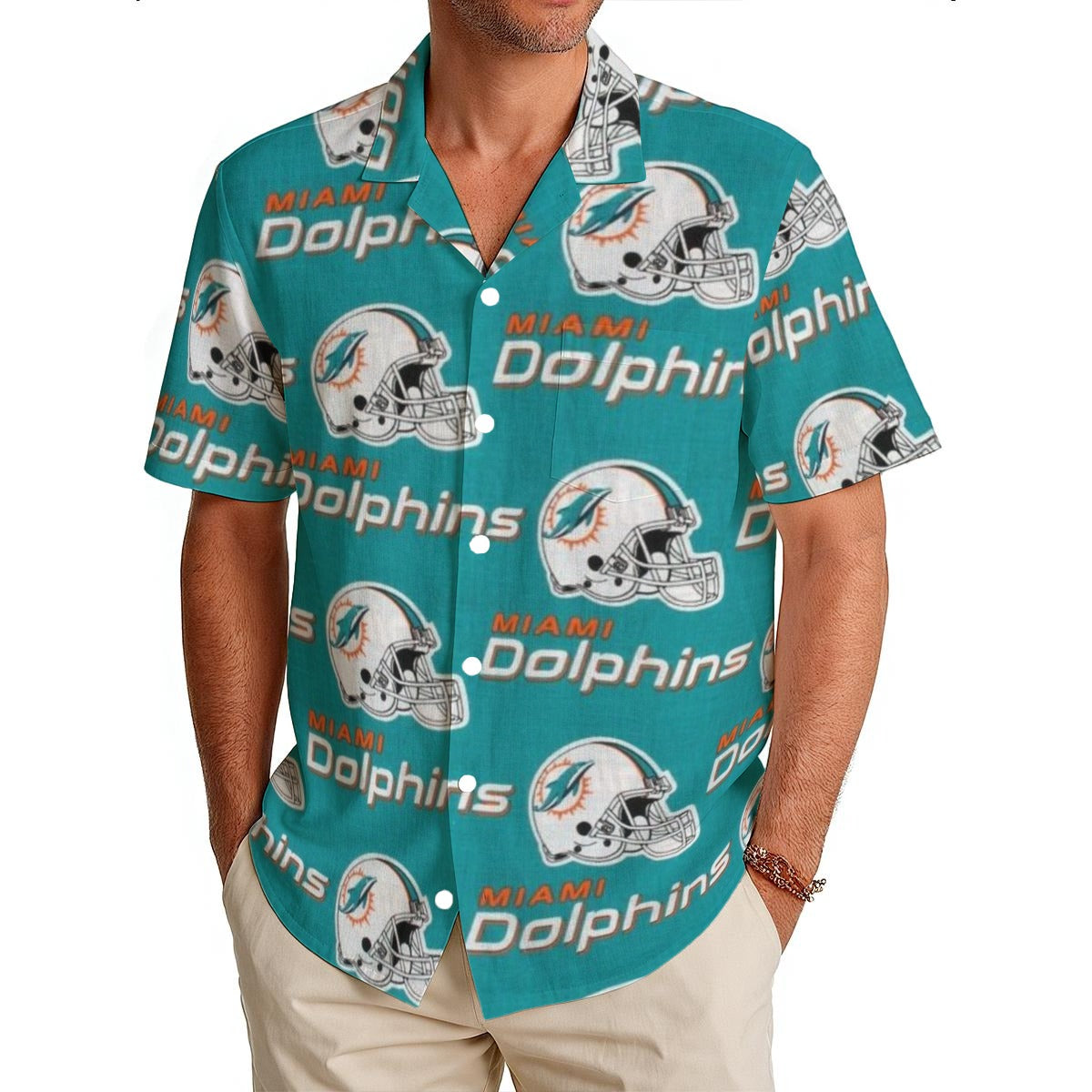 Miami Dolphins Men's Hawaiian Shirt|150GSM aqua orange football outfit back view