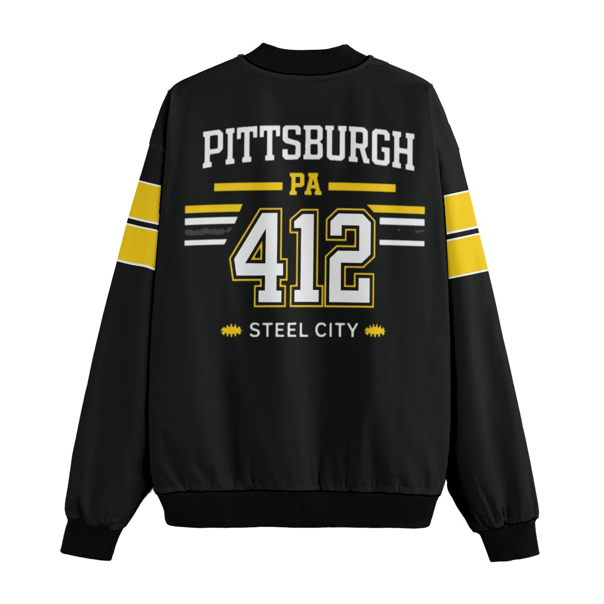 Black sweatshirt with 'Pittsburgh PA 412 Steel City' text and design on a white background