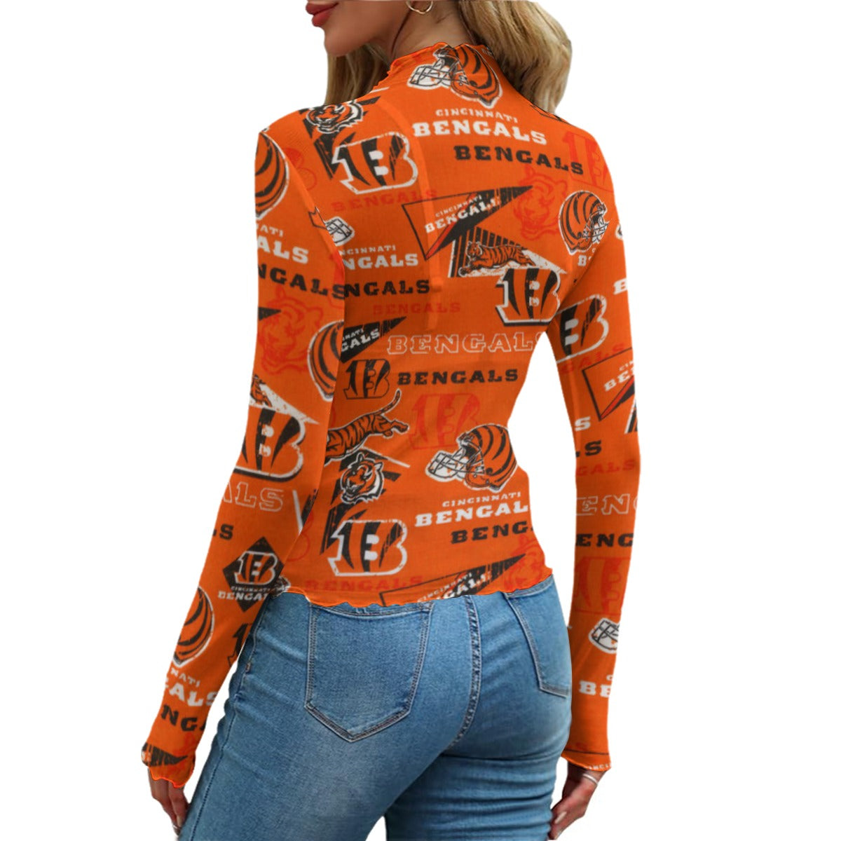 cincinnati-bengals-womens-mesh-t-shirt black orange football fabric detail breathable