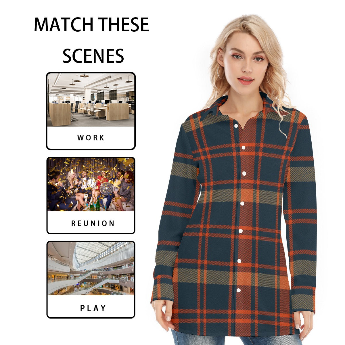 Auburn Tigers Tartan Plaid Navy Orange Women's Long Shirt streetwear fashion product image 3