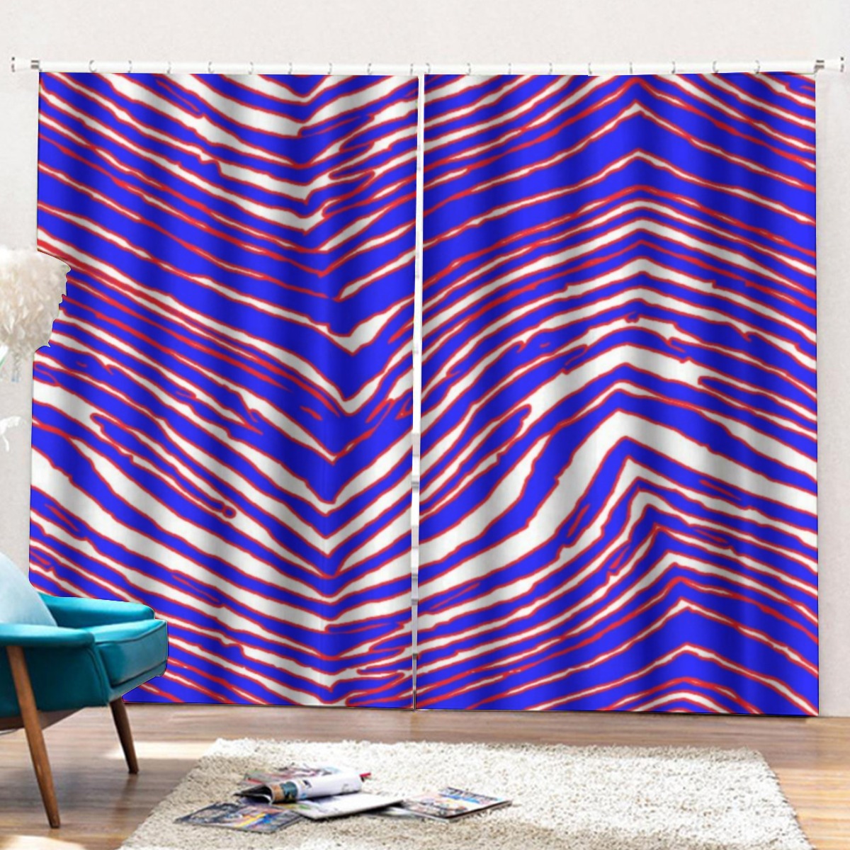 Buffalo football Curtains with Hooks (Large Size) – Red Blue White Zebra Game Day Style