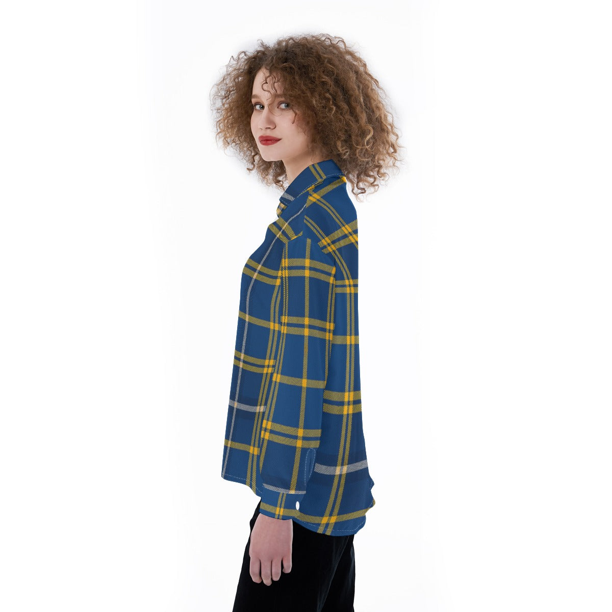 West Virginia Mountaineers Tartan Plaid Blue Gold Women's Satin Shirt streetwear fashion product image 3