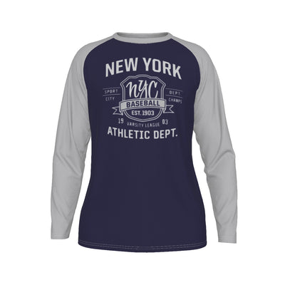 New York Baseball Raglan Long Sleeve Shirt – Navy and Light Gray Varsity Athletic Tee Est. 1903 – game day outfit, sportswear style, image 1.0