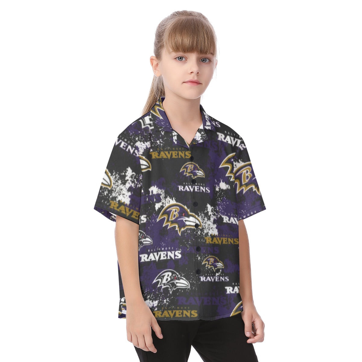 baltimore-ravens-kids-hawaiian-vacation-shirt purple black football outfit detail