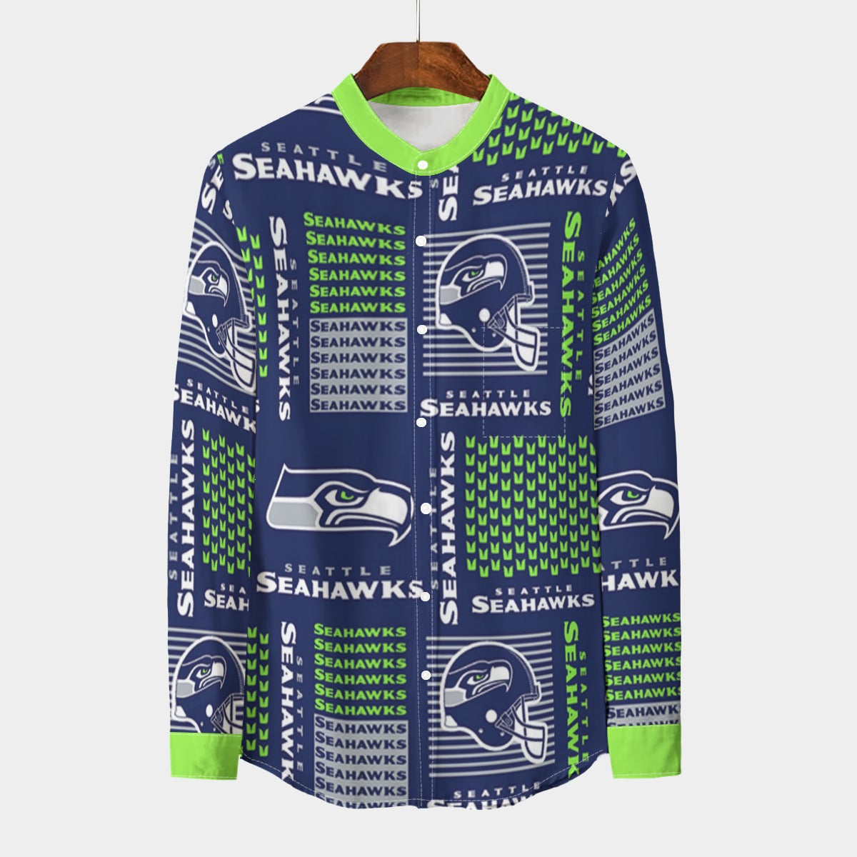 Seattle Seahawks Men's Stand Collar Shirt With Long Sleeve|110GSM Imitation Flax – game day outfit, football shirt, image 1355