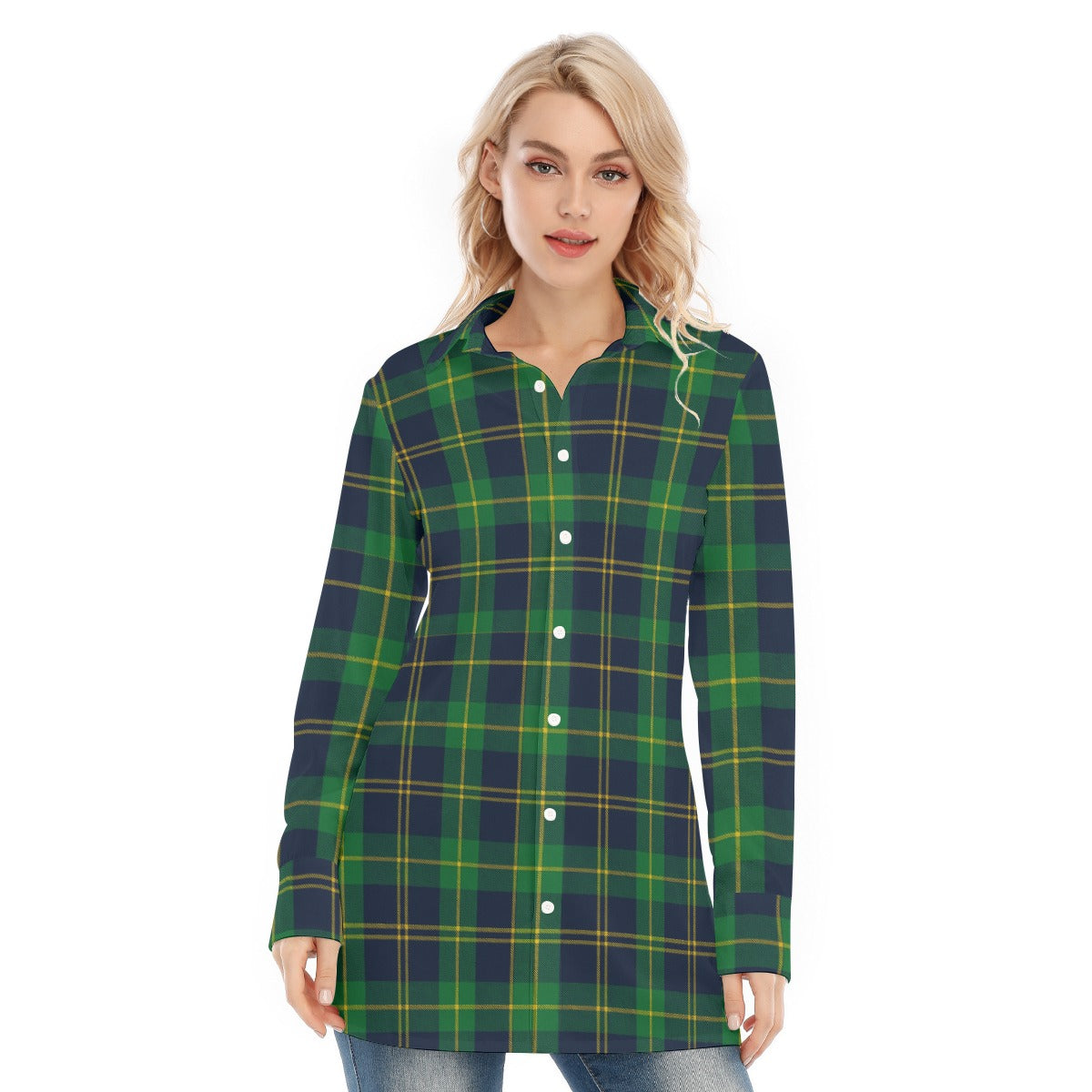 Notre Dame Fighting Irish Green Navy Gold Plaid Womens Long Shirt 115Gsm Cotton Poplin 8 green navy gold plaid women fashion apparel