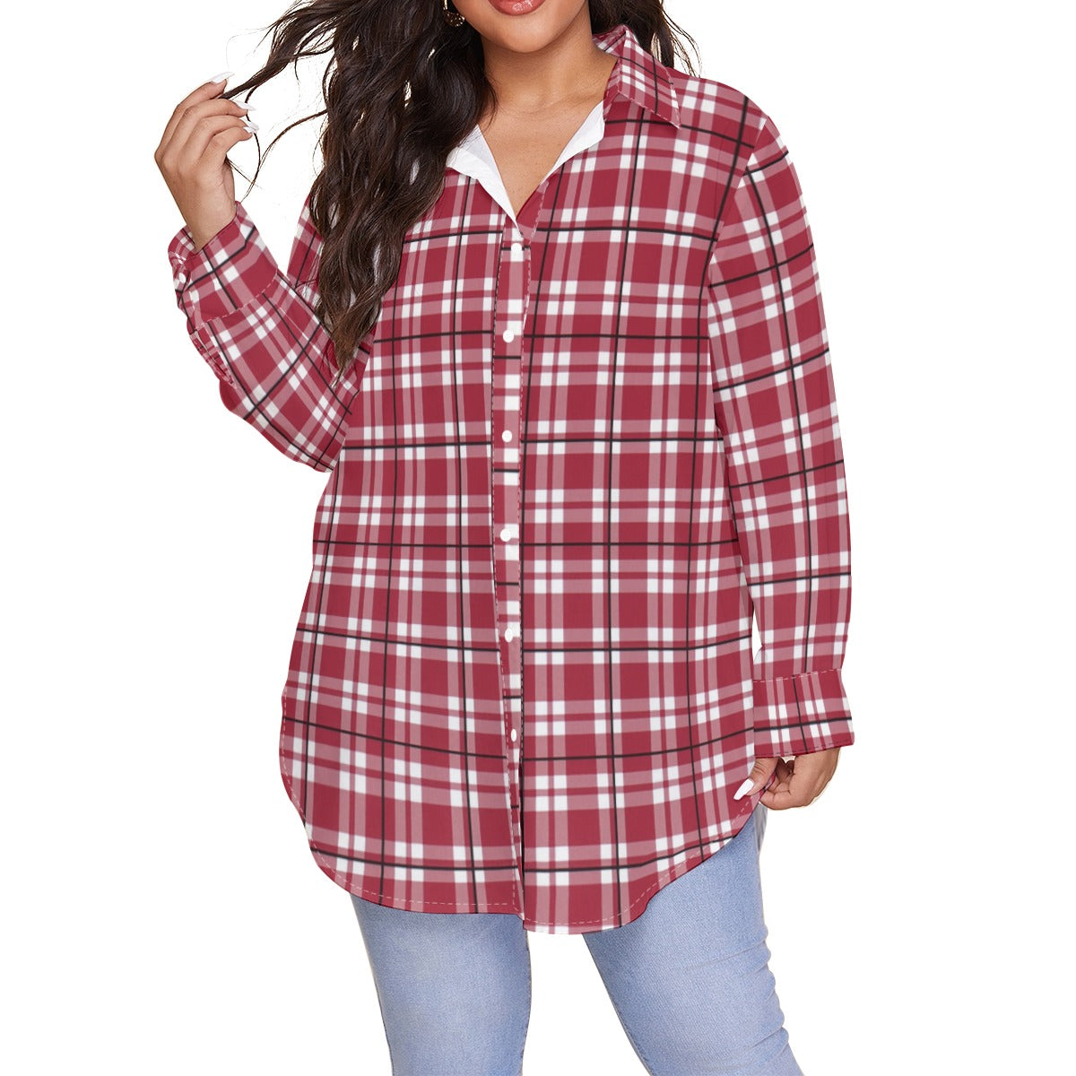 Alabama Crimson Tide Tartan Plaid Crimson White Women's Shirt With Long Sleeve(Plus Size) streetwear fashion product image 3