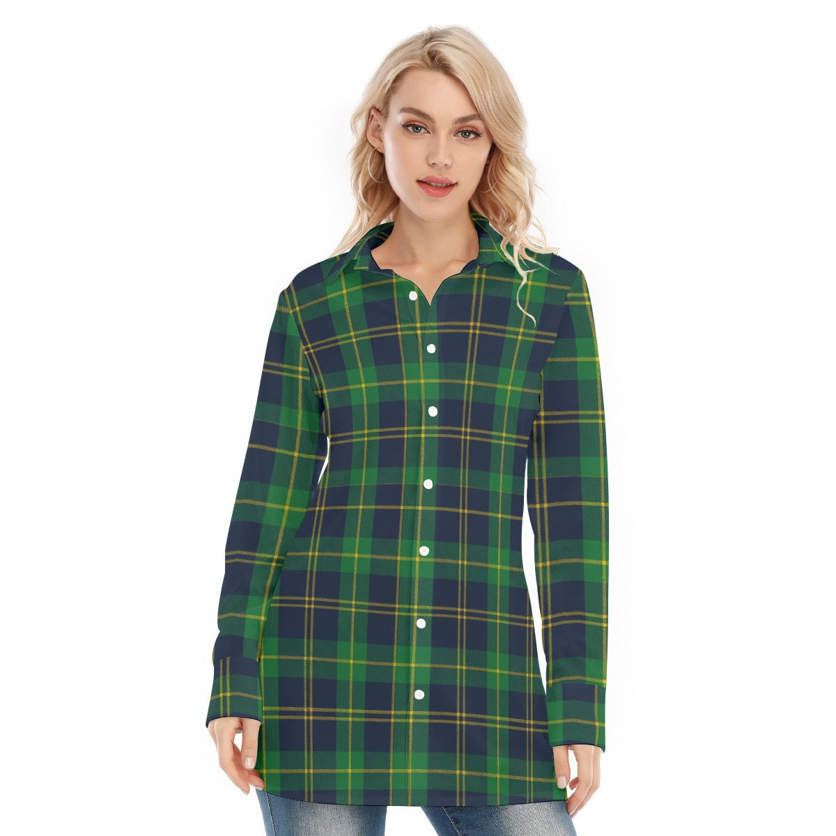 Notre Dame Fighting Irish Green Navy Gold Plaid Womens Long Shirt 8 green navy gold plaid women fashion apparel