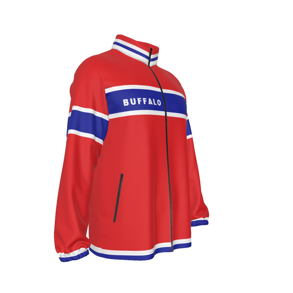 Men’s Buffalo Football Stand-Up Collar Zip-Up Windproof Jacket – Red, Blue White Zebra Game Day Style
