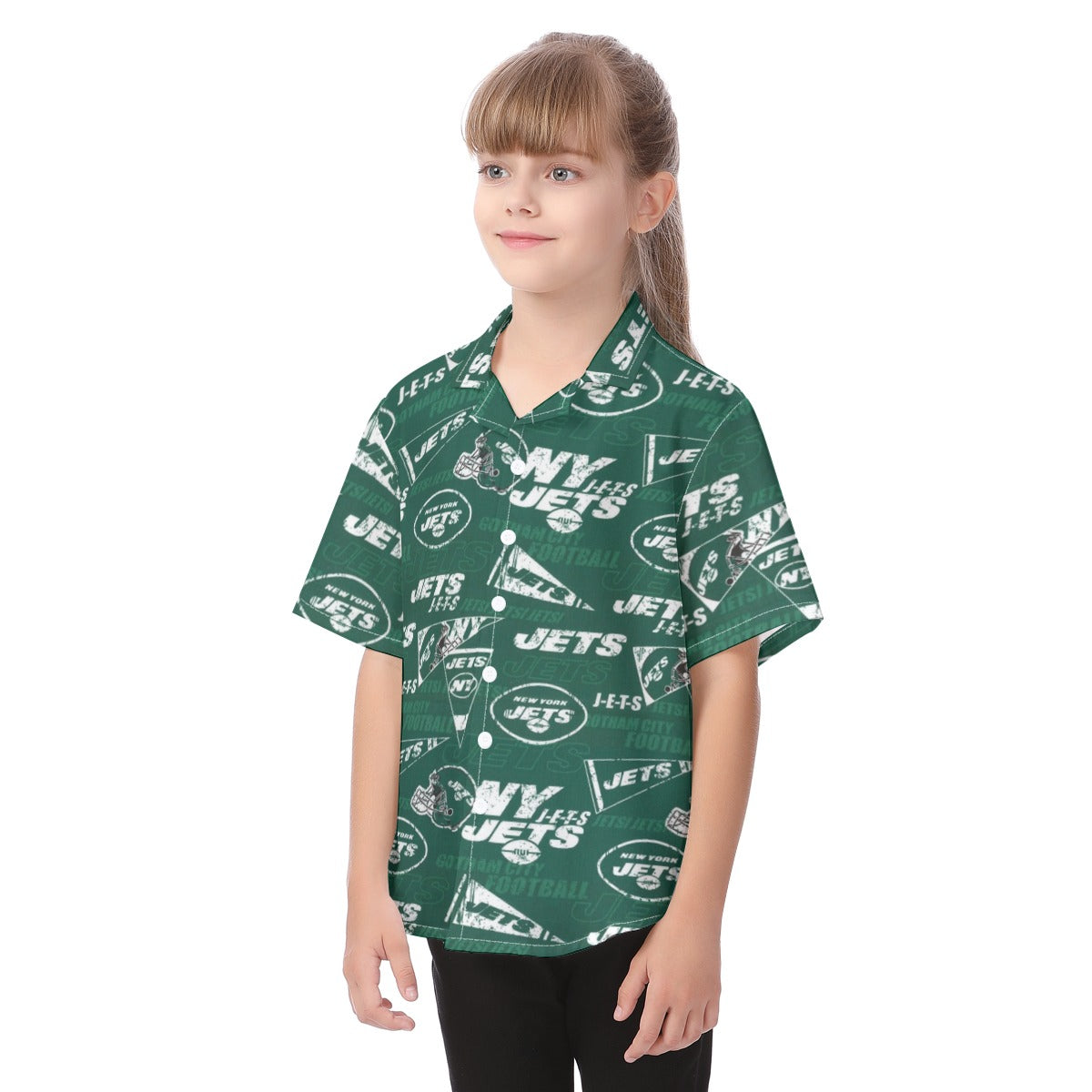 new-york-jets-kids-hawaiian-vacation-shirt green white football outfit fabric close-up