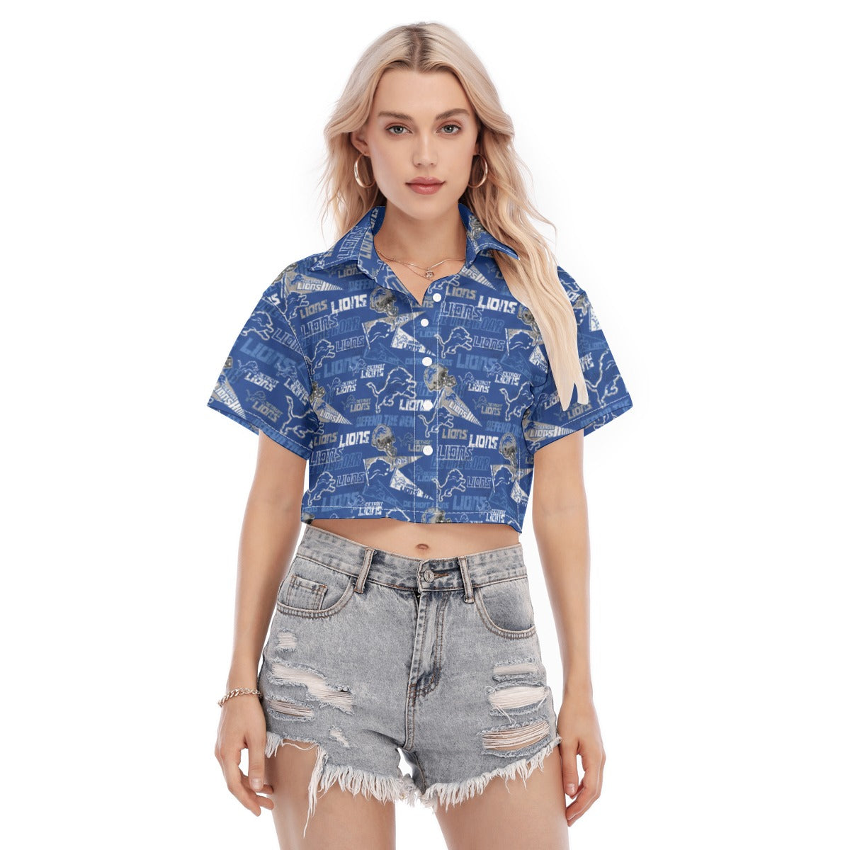 Detroit Lions  Women's Cropped Shirt blue silver football back view game day look