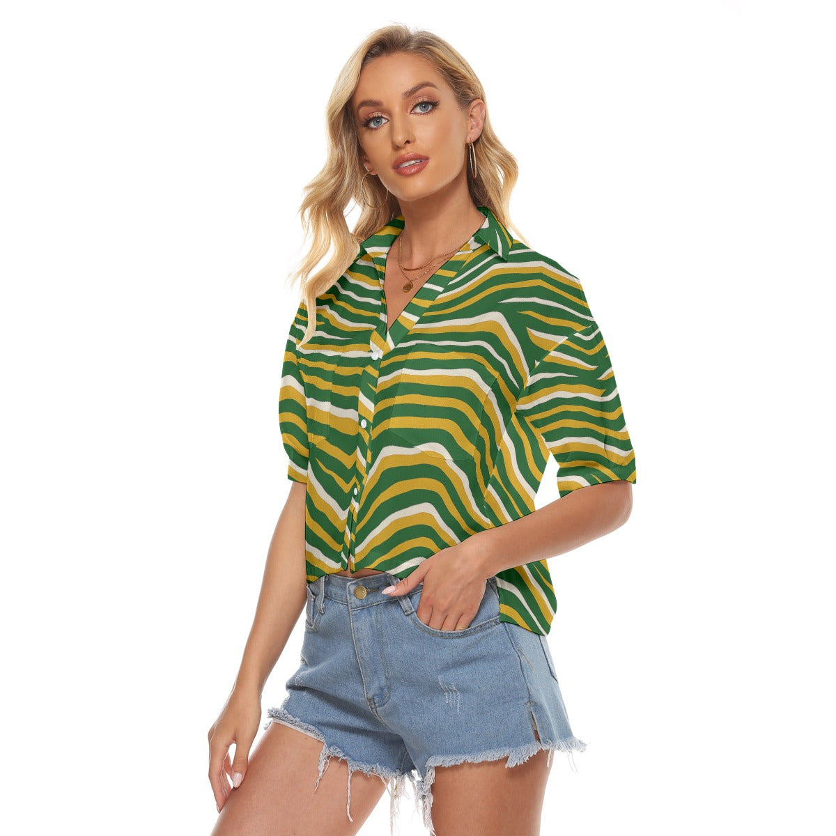 White Smoke Green Bay Football Yellow Green Women’s V-Neck Shirt – Game Day Streetwear
