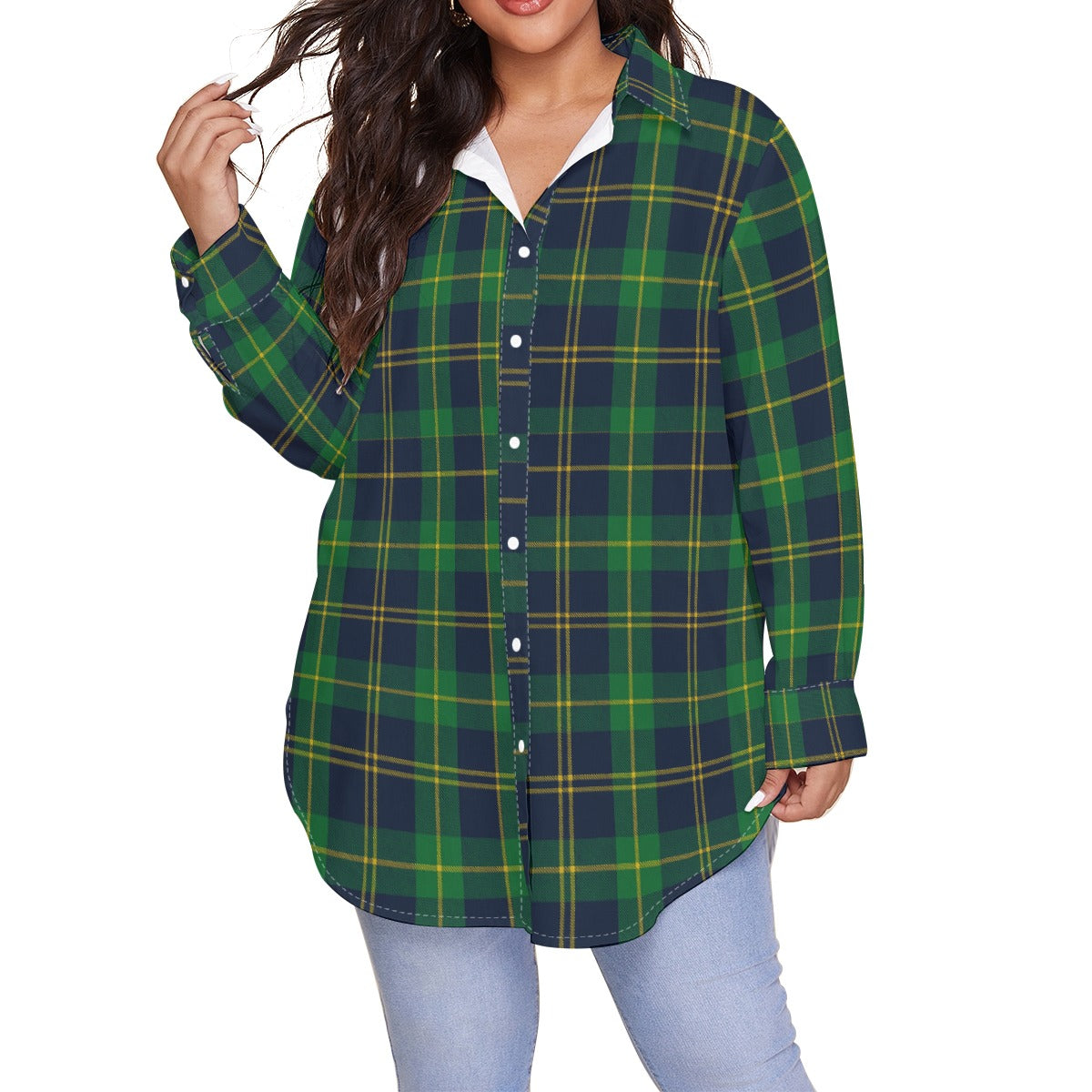 Notre Dame Fighting Irish Green Navy Gold Plaid Womens Shirt With Long Sleeveplus Size 7 green navy gold plaid women fashion apparel