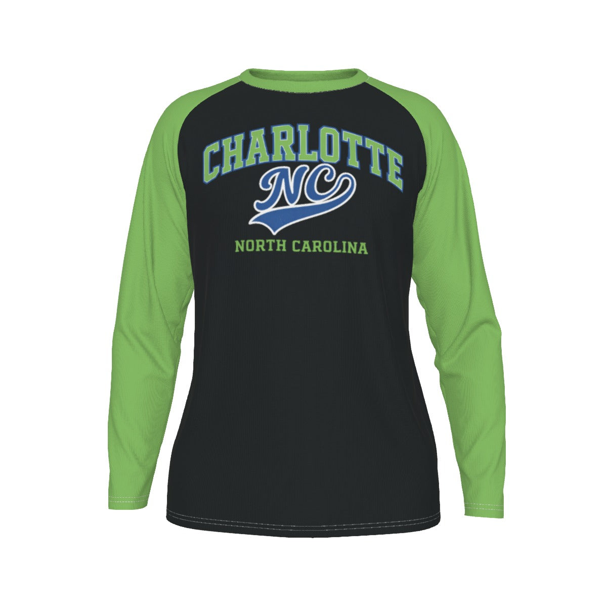 Charlotte NC Black Green Long Sleeve Shirt – Modern Varsity North Carolina Raglan – breathable comfort wear, nfl fan apparel, image 1.0