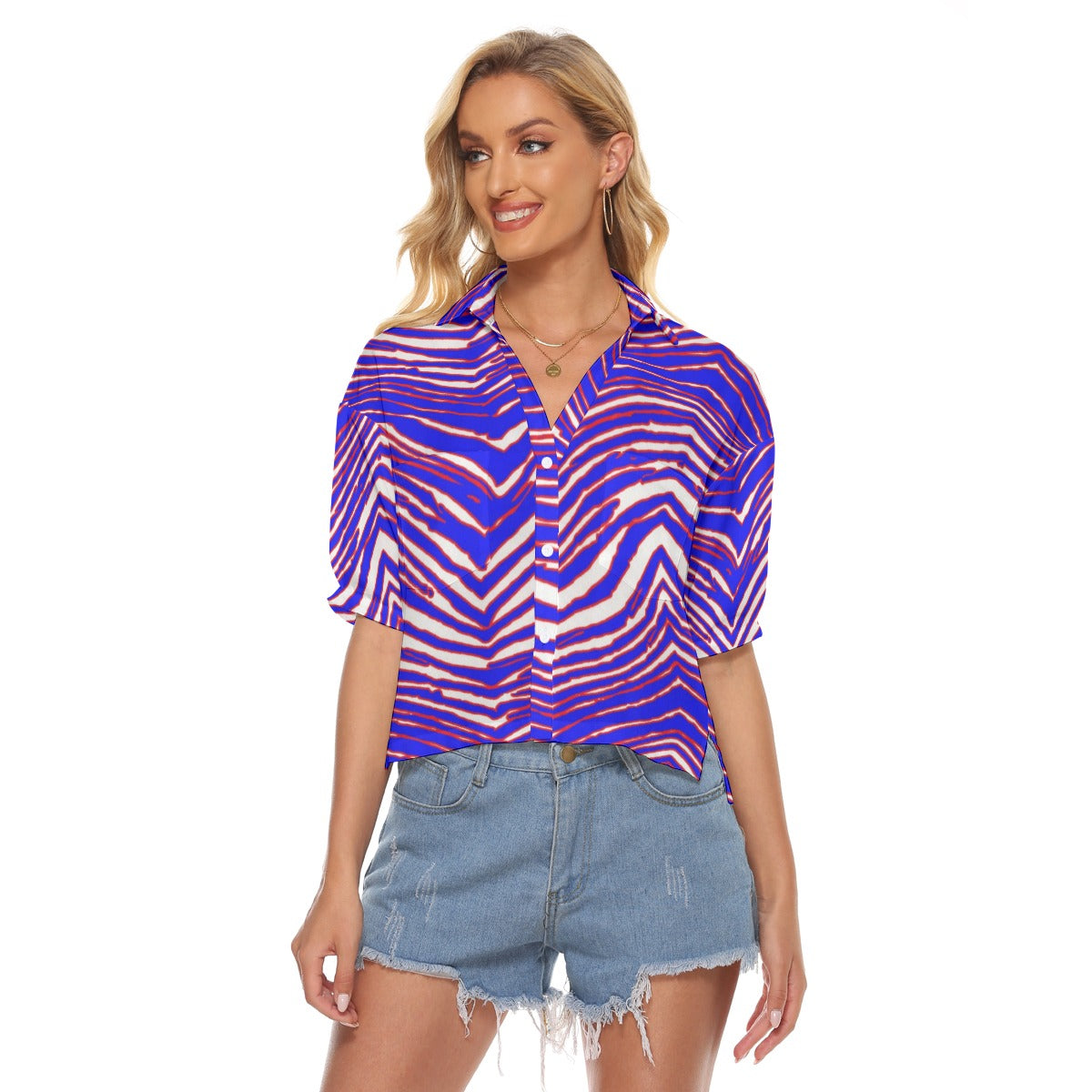 Buffalo Football Women's V-neck Shirts – Red Blue White Zebra Game Day Style