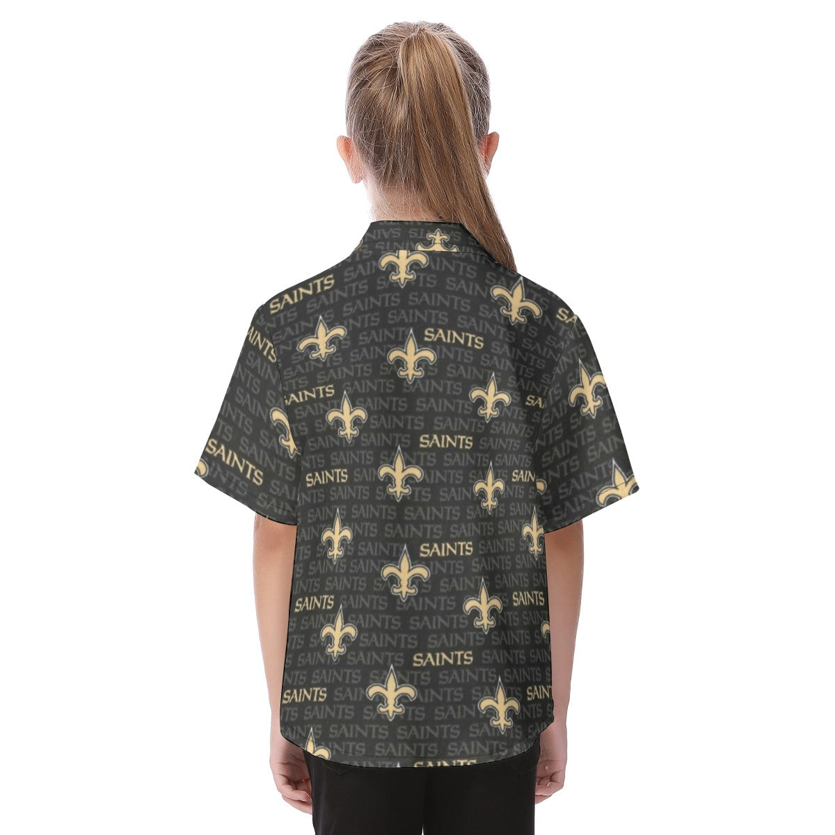 new-orleans-saints-kids-hawaiian-vacation-shirt black gold football close-up design detail