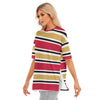 White Smoke San Francisco Football Striped Women’s T-Shirt with Hem Split – Red and Gold Game Day Top