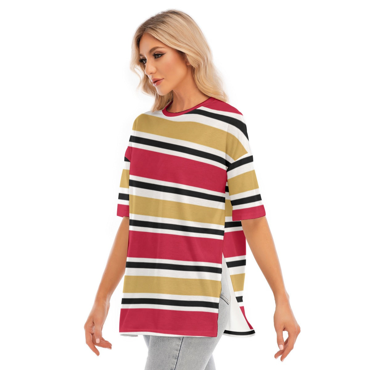 White Smoke San Francisco Football Striped Women’s T-Shirt with Hem Split – Red and Gold Game Day Top