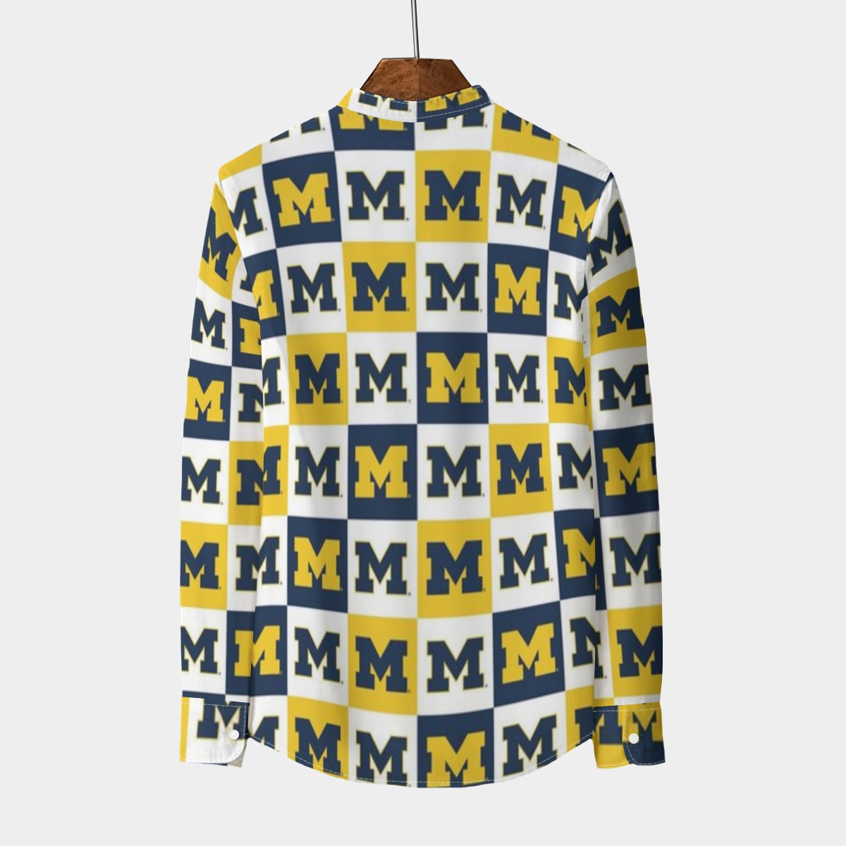 Michigan Wolverines Stand Collar Shirt With Long Sleeve|110GSM Imitation Flax White varsity sports apparel
