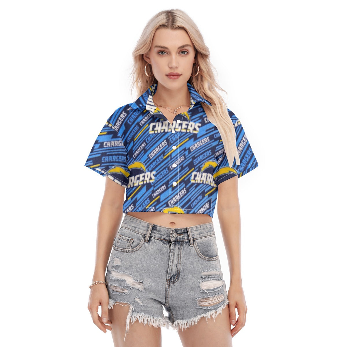 Los Angeles Chargers Women's Cropped Shirt powder blue yellow football back view game day look