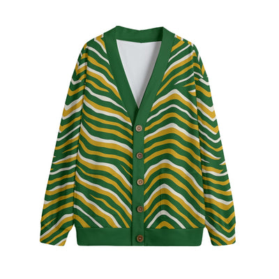 Green Bay football zebra Unisex V-neck Knitted Fleece Cardigan With Button Closure – sportswear style, football shirt, image 1.0