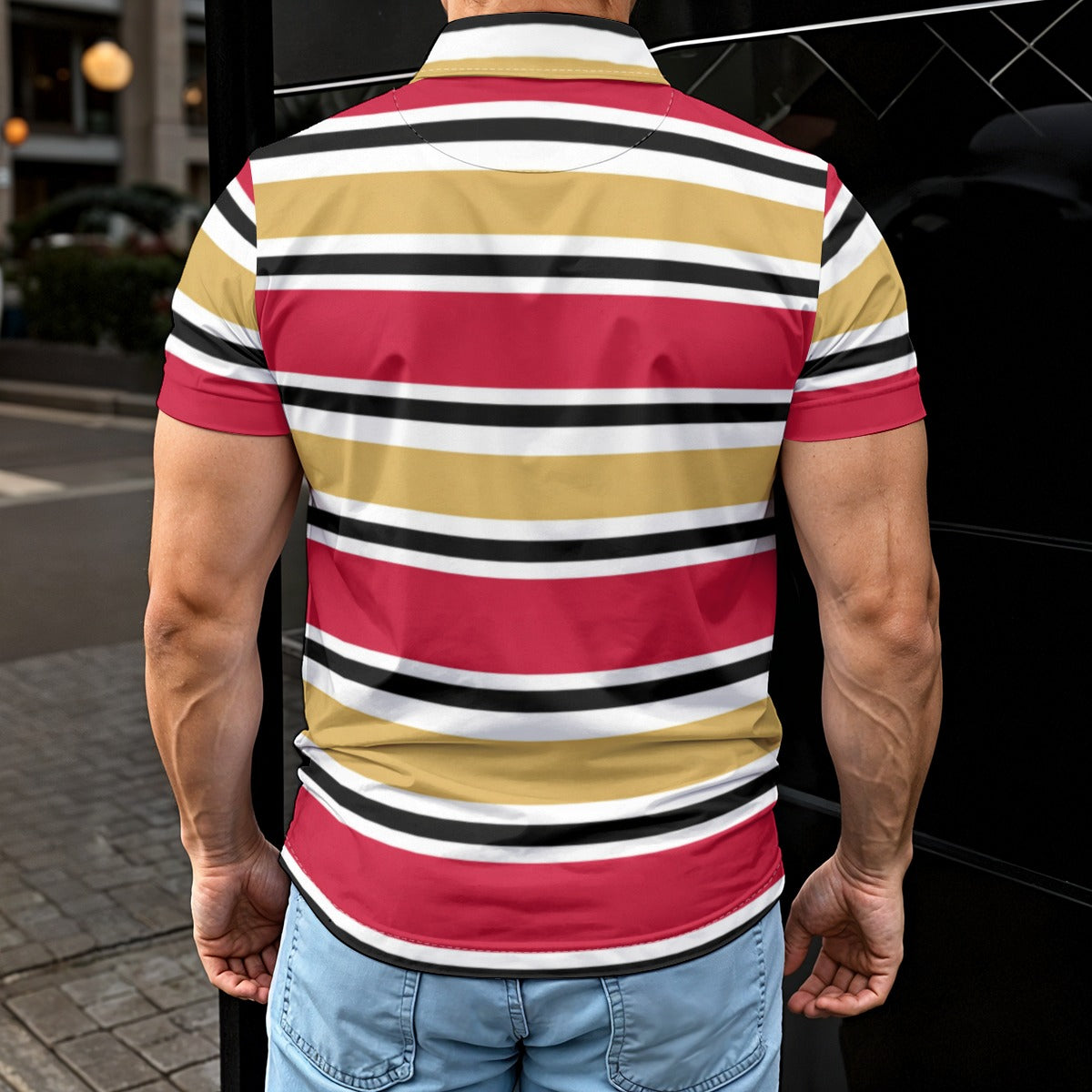 Black San Francisco Football Striped Men’s Polo Shirt – Red and Gold Game Day Style