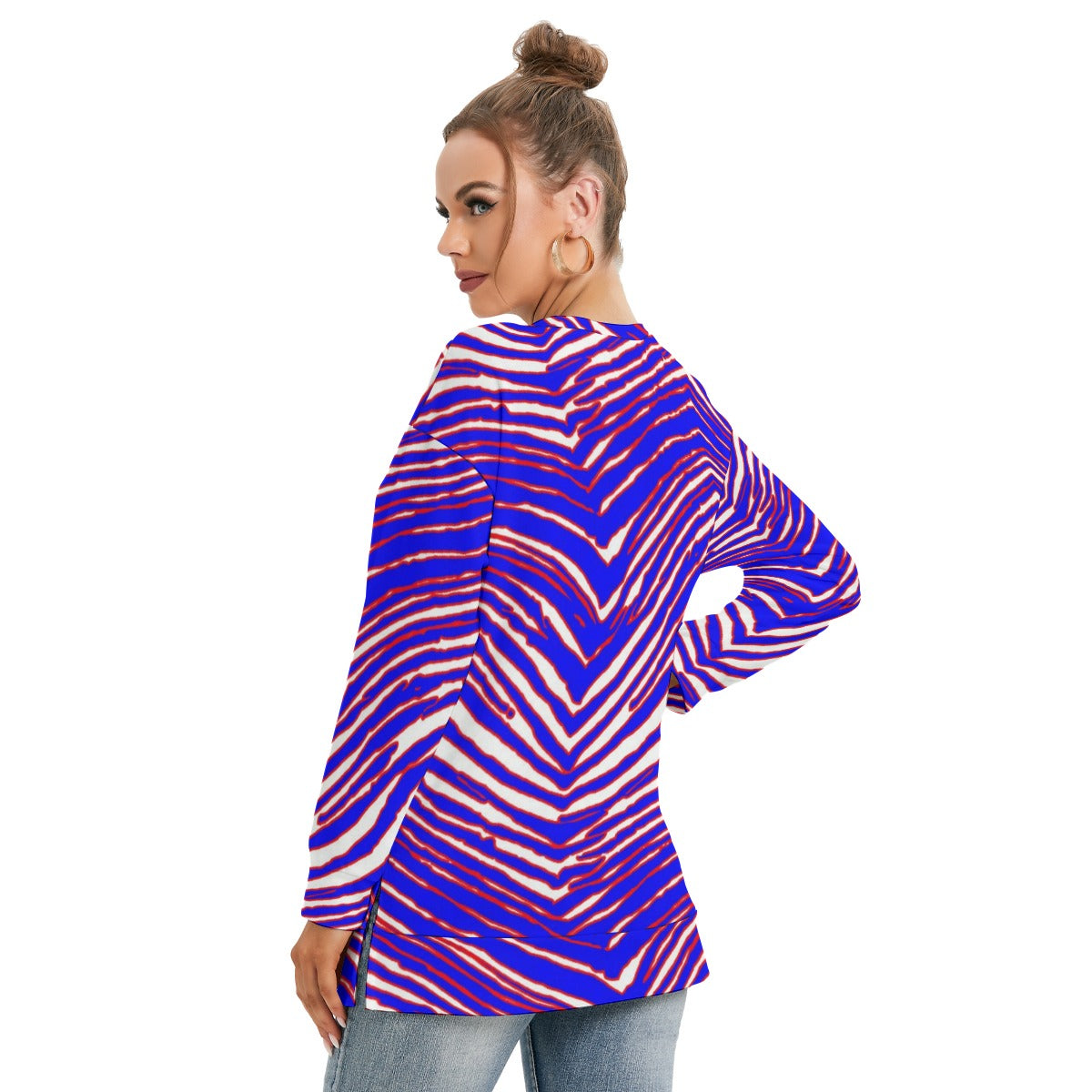 Women’s Side Split O-Neck Sweatshirt – Red, Blue White Zebra Game Day Style