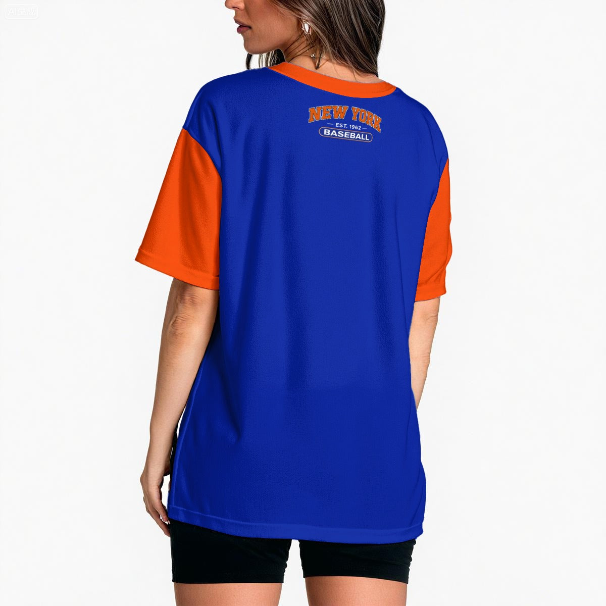 White Smoke New York Baseball Blue Raglan T-Shirt with Orange Sleeves – Women’s Game Day Tee