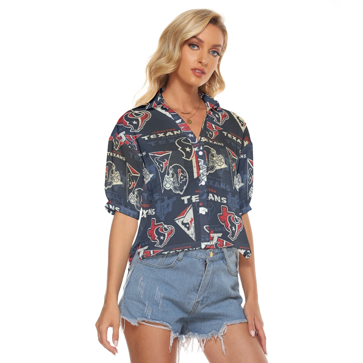 houston-texans-womens-v-neck-shirts navy red football fabric breathable detail