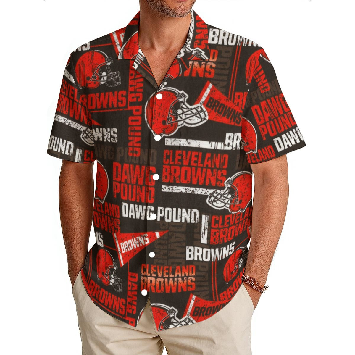 Cleveland Browns  Men's Hawaiian Shirt|150GSM brown orange football outfit back view