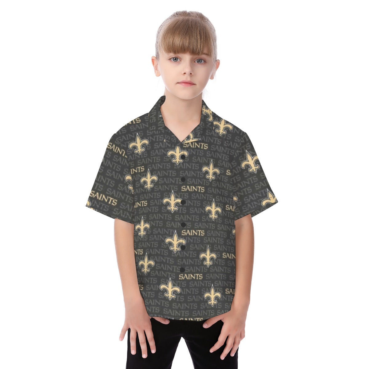 New Orleans Saints Kid's Hawaiian Vacation Shirt black gold football back view streetwear style