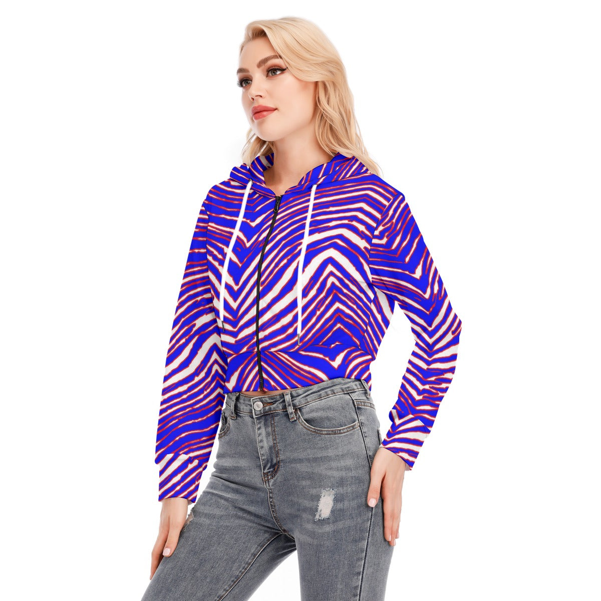 Buffalo Women's Crop Top Hoodie With Zipper Closure – Red Blue White Zebra Game Day Style