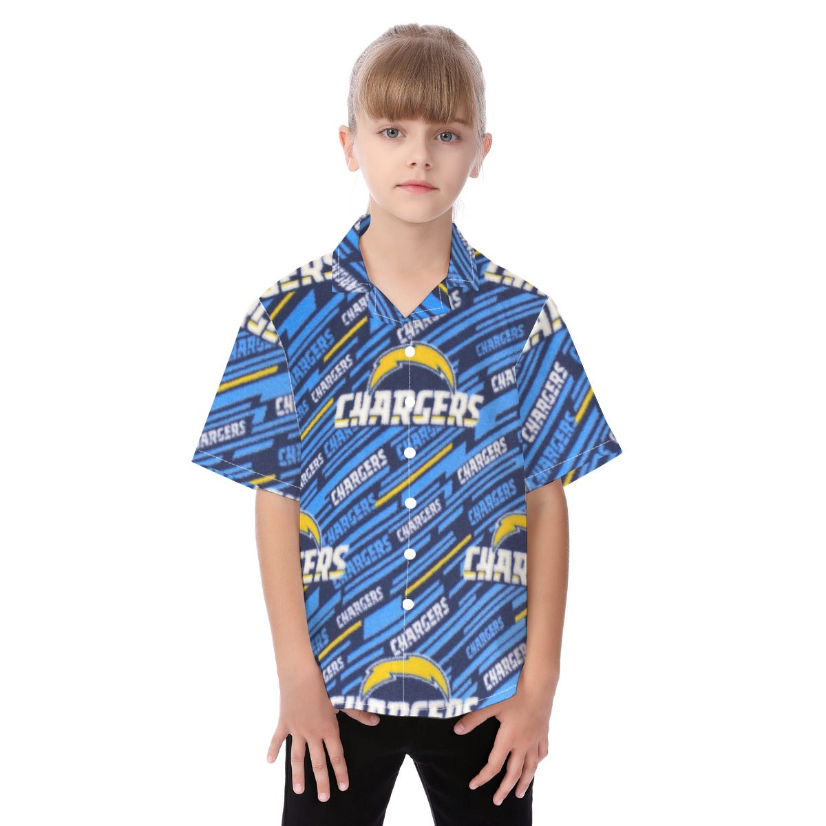 Los Angeles Chargers Kid's Hawaiian Vacation Shirt powder blue yellow football back view game day look