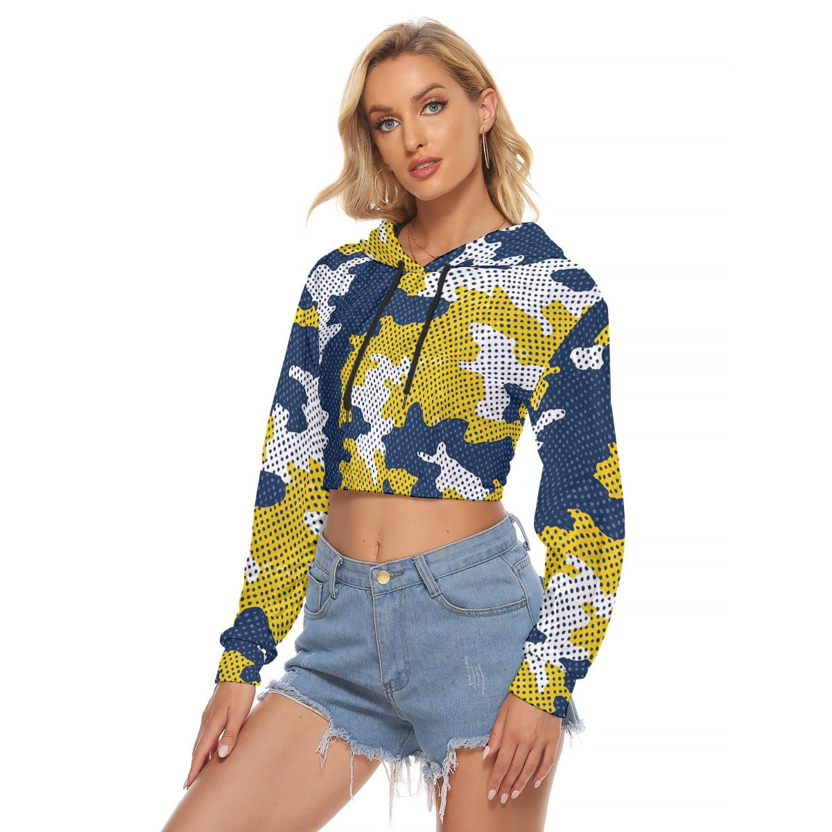 White Smoke Michigan Camo Women’s Crop Top Hoodie Velvet – Cropped Camouflage Football Sweatshirt for