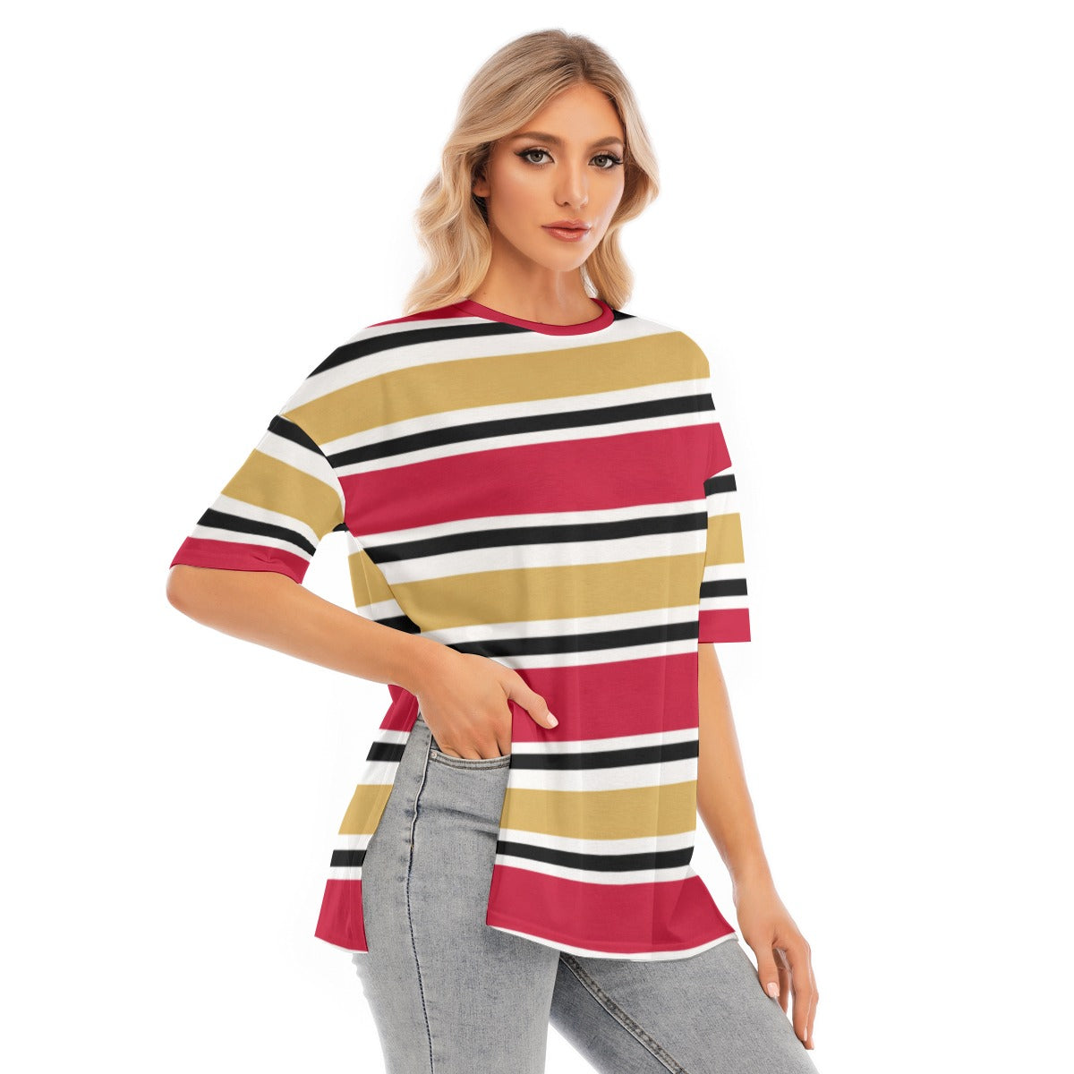 White Smoke San Francisco Football Striped Women’s T-Shirt with Hem Split – Red and Gold Game Day Top